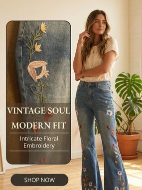Embroidered Flare Jeans in Blue with Floral Detail